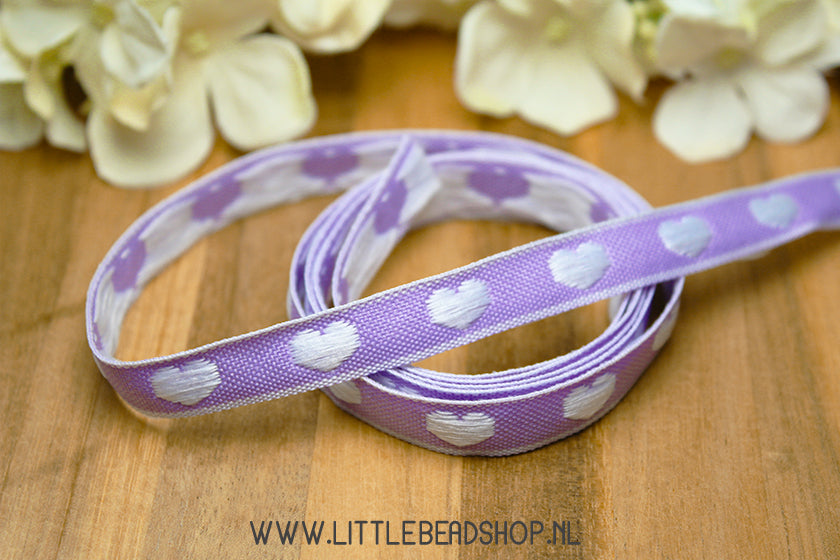 Geweven Lint Hearts Paars & Wit, per meter