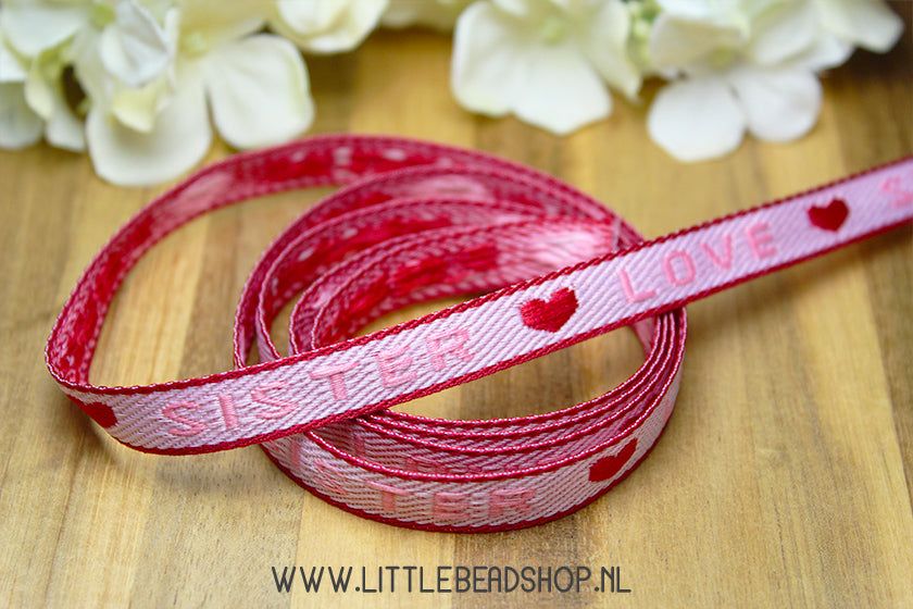 Woven Ribbon Sister Love Pink & Red, per meter