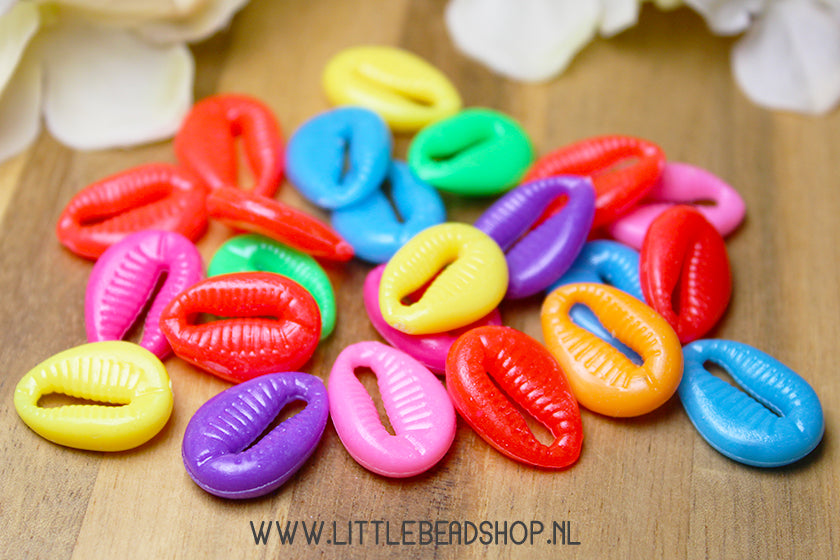 Acryl kralen Cowrie Schelp kleurige mix, +/- 20 stuks