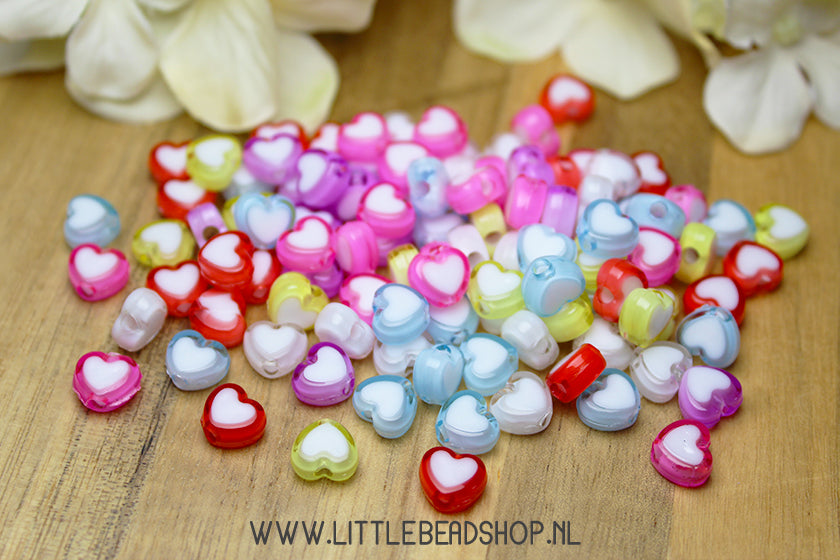 Acryl Kralen Hartjes Wit/Kleur, +/- 100 stuks