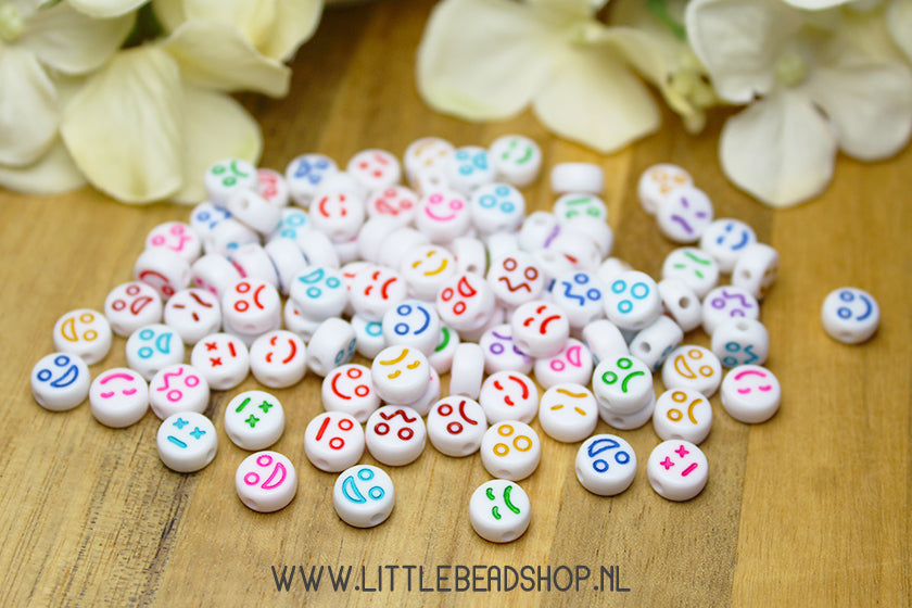 Acryl Kralen Mood Smiley Wit/Kleur, +/- 100 stuks