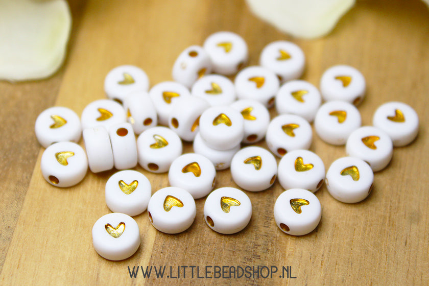 Hartjes kralen Wit/Goud 7mm, +/- 50 stuks
