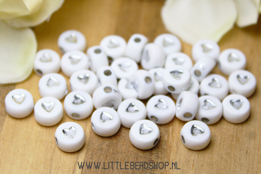 Hartjes kralen Wit/Zilver 7mm, 50 stuks