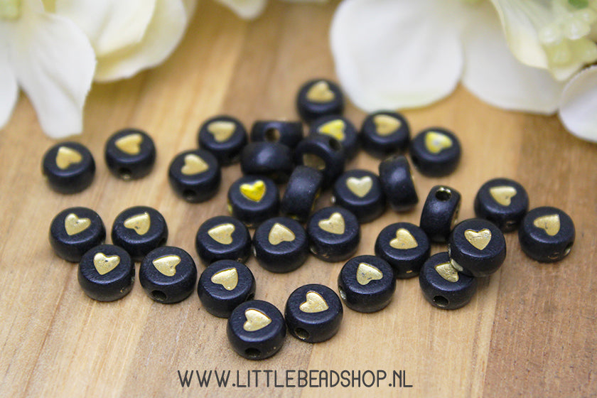 Hartjes kralen Black/Gold 7mm, 50 stuks
