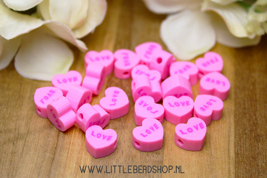 Polymer Beads Hearts Pink, +/- 15 pieces