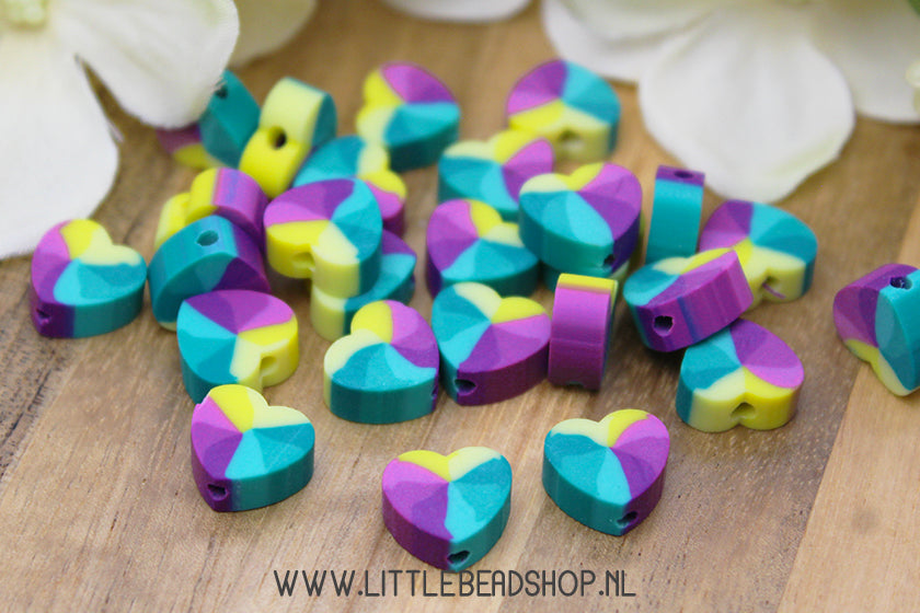 Polymeer kralen Hartjes Paars & Geel, +/- 25 stuks