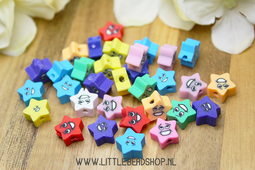 Polymeer Kralen Sterretjes met smiley, 30 stuks