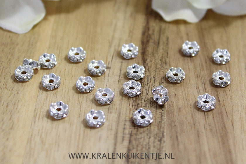 Tussenkralen Rhinestone transparant / zilverkleur, 20 stuks