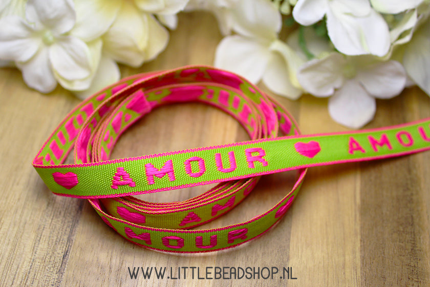 Woven Ribbon Amour Neon Green Pink, per meter