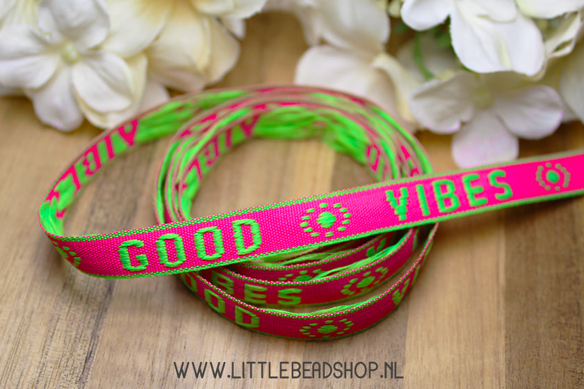 Woven Ribbon Good Vibes Neon Pink Green, per meter
