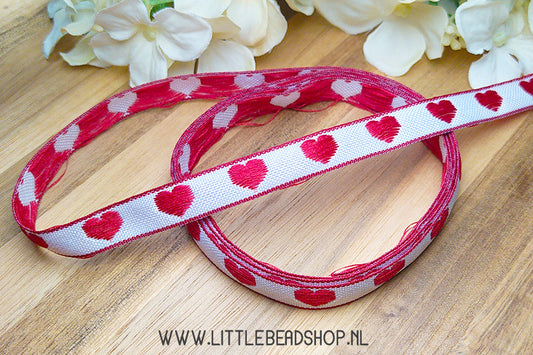 Woven Ribbon Hearts White/Red, per meter