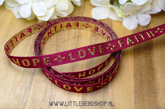 Geweven Lint Hope Love Faith Red & Gold, per meter