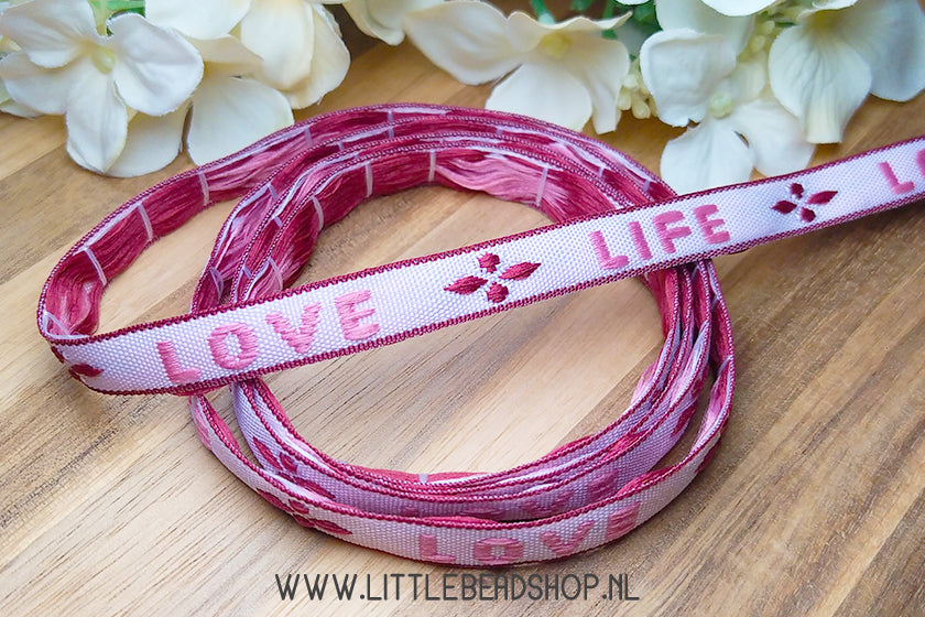 Woven Ribbon Love Life Pink/Dark Pink, per meter