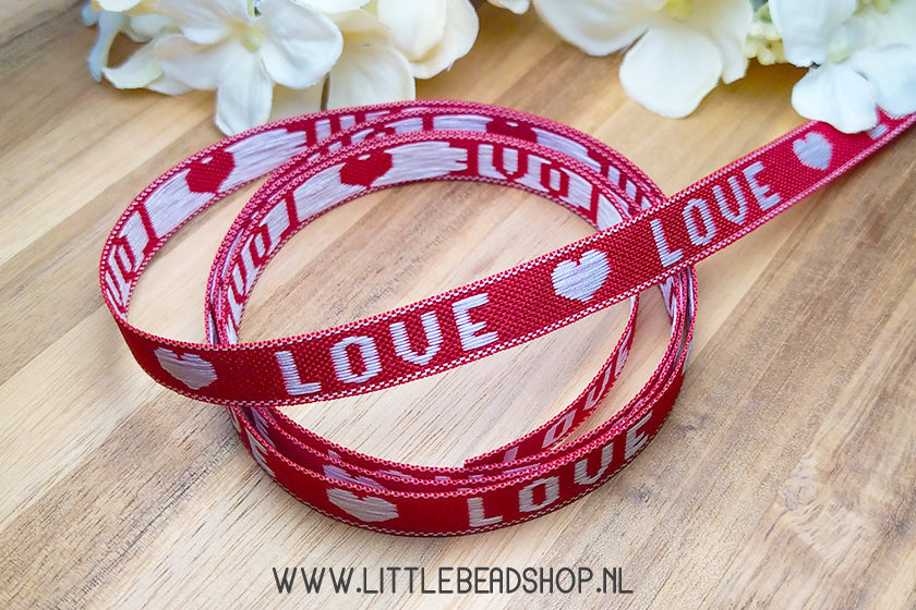 Woven Ribbon Love Red/White, per meter