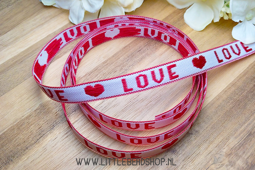 Woven Ribbon Love White/Red, per meter