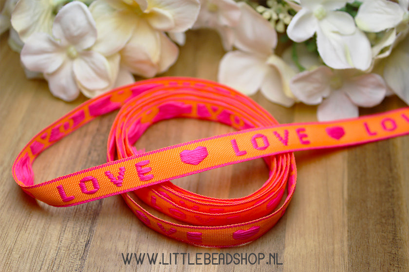 Woven Ribbon Love Neon Orange Pink, per meter