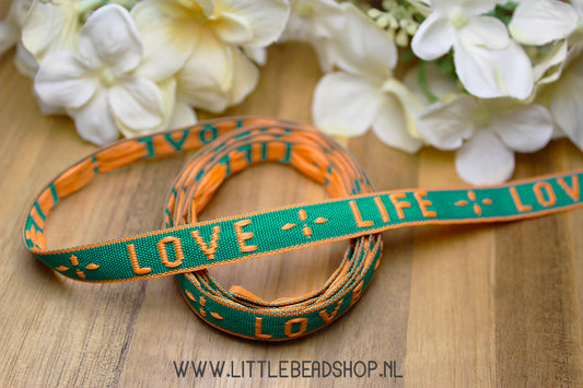 Woven Ribbon Love Life Neon Orange Green, per meter