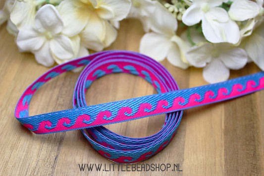 Woven Ribbon Waves Neon Pink Blue, per meter