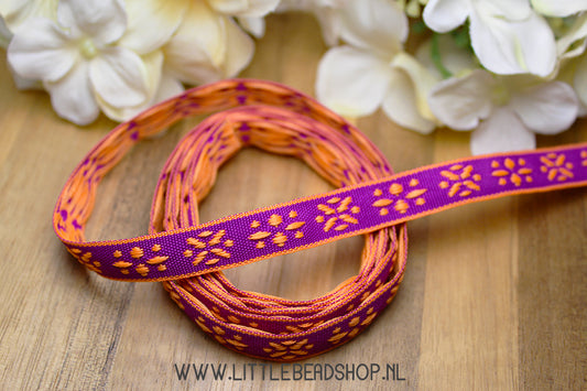 Woven Ribbon Flowers Neon Orange Purple, per meter