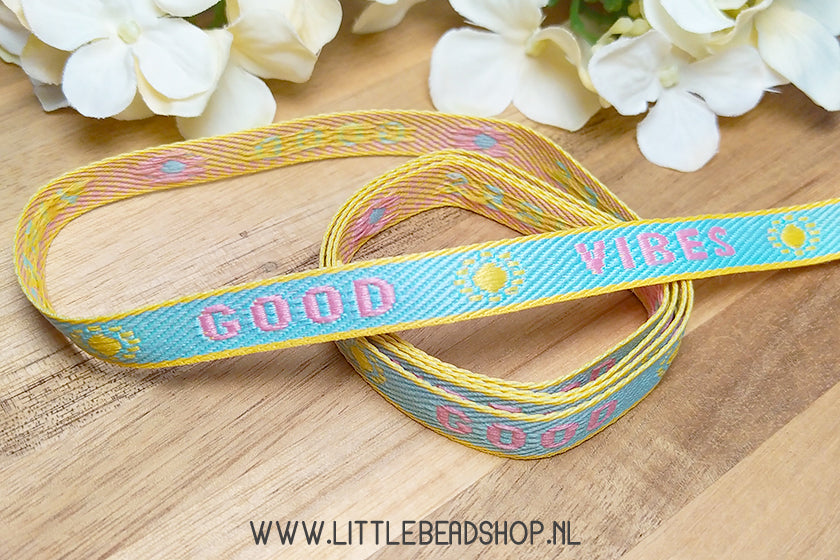 Woven Ribbon Good Vibes Pink/Yellow/Blue, per meter