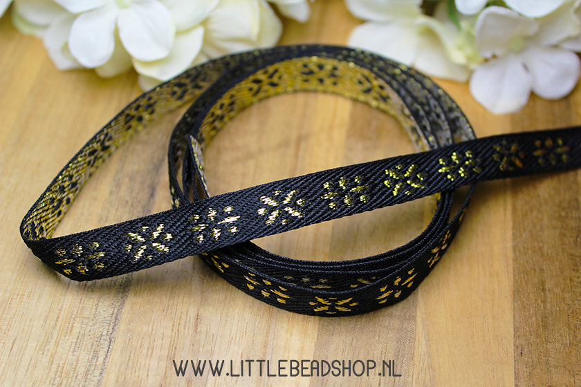 Geweven Lint Flowers Black & Gold, per meter