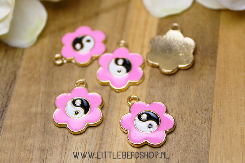 Emaille Bedels Yin Yang Roze Bloem, per stuk