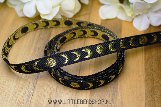 Geweven Lint Moons Black & Gold, per meter