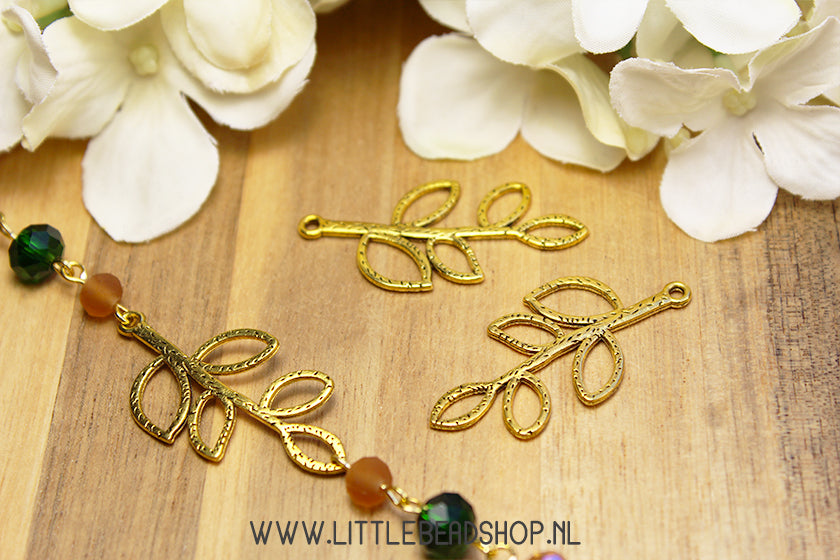 Tussenkralen Connector Takje met Blaadjes Goudkleur, per stuk