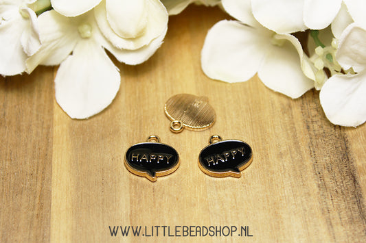 Emaille Bedels Tekstballon Happy Zwart, per stuk