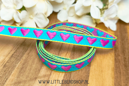 Geweven Lint Hartjes Magenta, Blauw & Geel, per meter