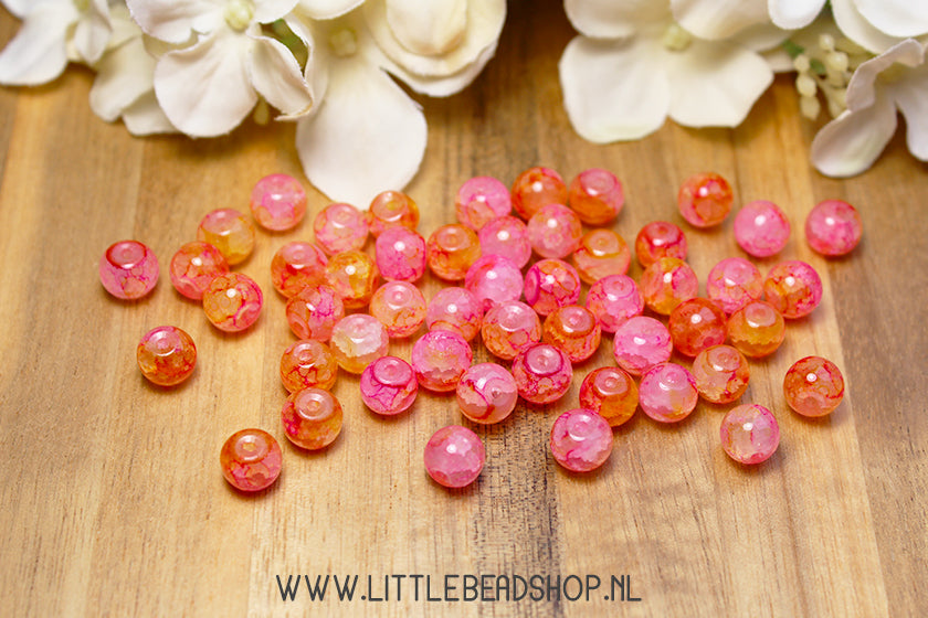 Glaskralen Gemstone Look Pink/Dark Yellow 8mm, +/- 50 stuks