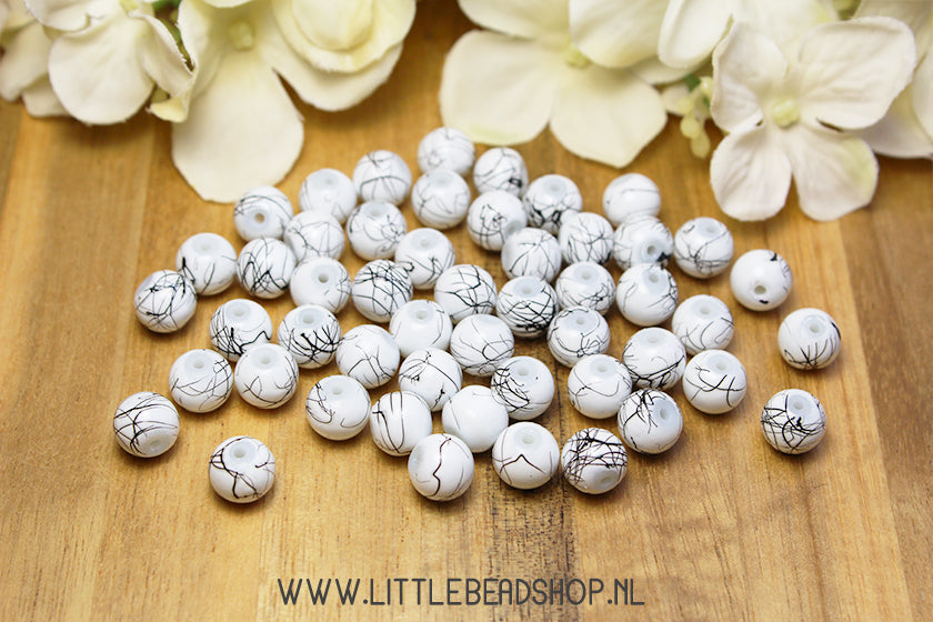 Glaskralen Splash Wit/Zwart 8mm, +/- 50 stuks