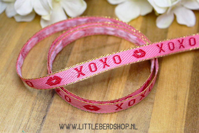 Geweven Lint XOXO Roze & Goud, per meter