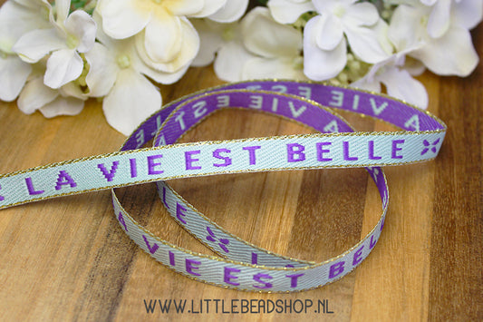 Geweven Lint La Vie Est Belle Lichtblauw & Paars & Goud, per meter