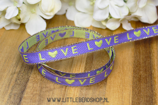 Geweven Lint Love Lavendel Paars & Limegroen, per meter