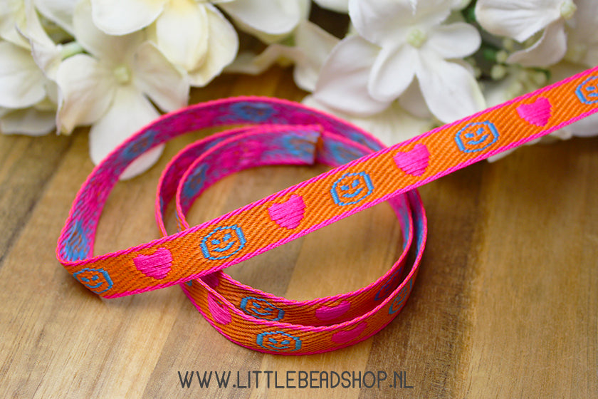 Geweven Lint Smiley Oranje, Roze & Blauw, per meter