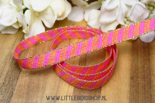 Geweven Lint Stripes Roze & Oranje & Goud, per meter