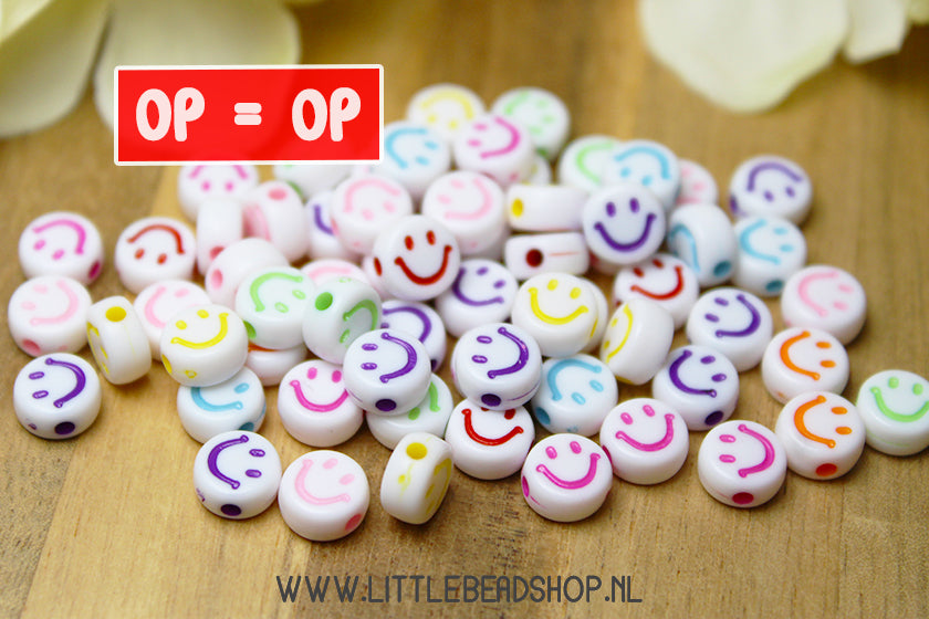 Smiley Kralen Wit/Kleur 7mm, 100 stuks