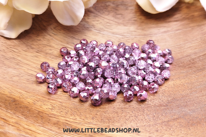 Facetkralen 4mm Metallic-Transparant Druivenpaars rondel, +/- 110 stuks