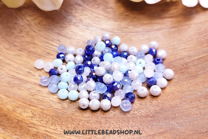 Facetkralen mix 4mm Blue & Grey rondel, +/- 110 stuks