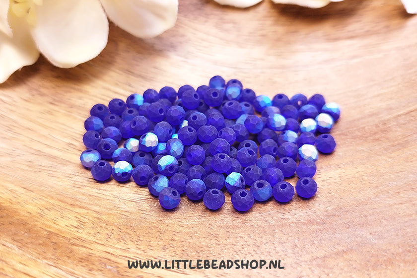 Facetkralen 4mm Shiny Frosted Dark Blue rondel, +/- 110 stuks