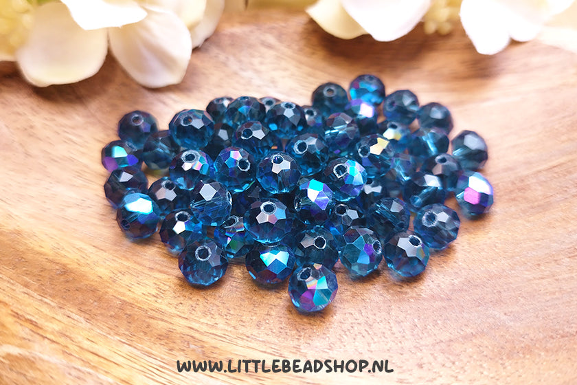Facetkralen 8mm Metallic-Transparant Dark Blue rondel, +/- 60 stuks