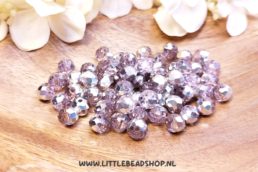 Facetkralen 8mm Light Old Pink & Silver rondel, +/- 60 stuks
