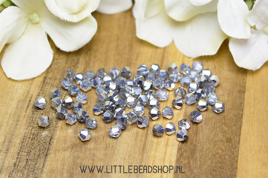 Facet kralen Bicone 4mm Silver / Transparant Shine, +/- 80 stuks