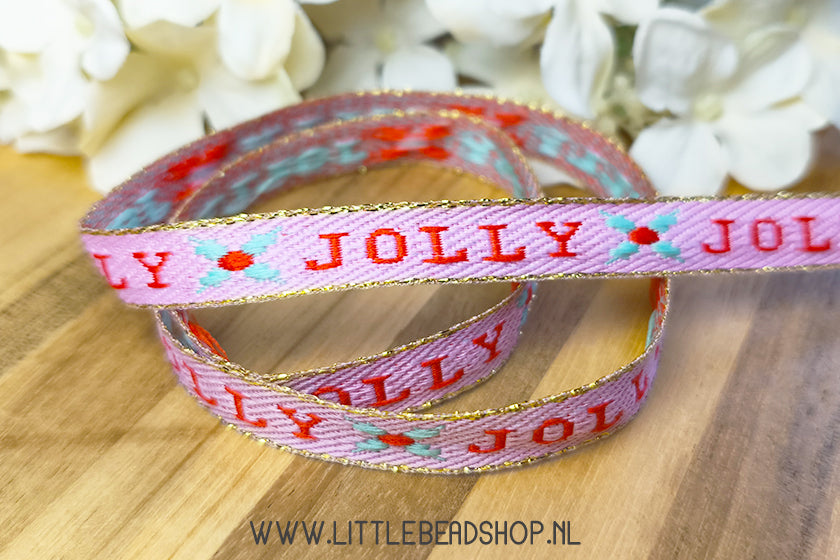 Geweven Lint Jolly Roze, Rood & Goud, per meter
