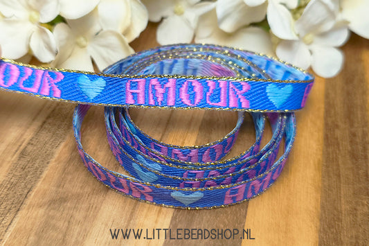 Geweven Lint Amour Lavendelpaars, Roze & Blauw, per meter