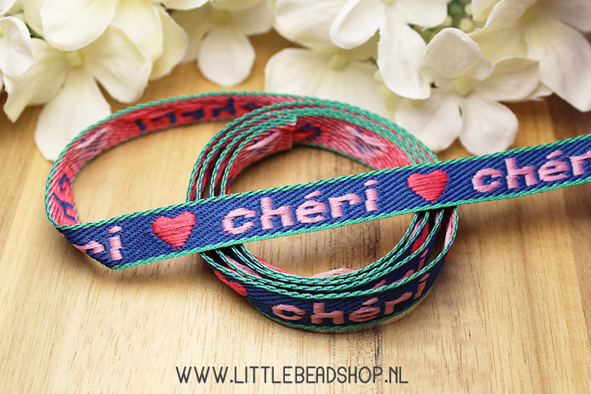 Geweven Lint Chéri Donkerblauw, Roze, Mintblauw, per meter