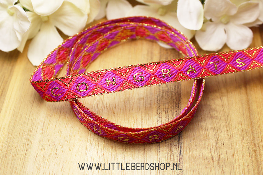 Geweven Lint Congrats Donkerroze, Paars & Goud, per meter