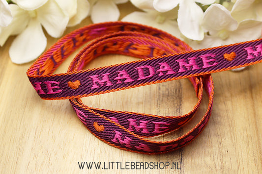 Geweven Lint Madame Paars, Roze & Goud, per meter