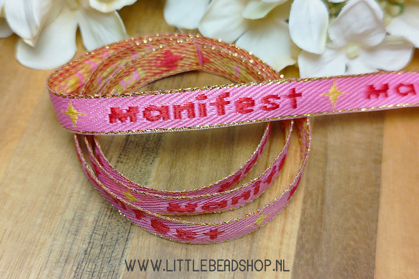 Geweven Lint Manifest Roze & Rood & Goud, per meter